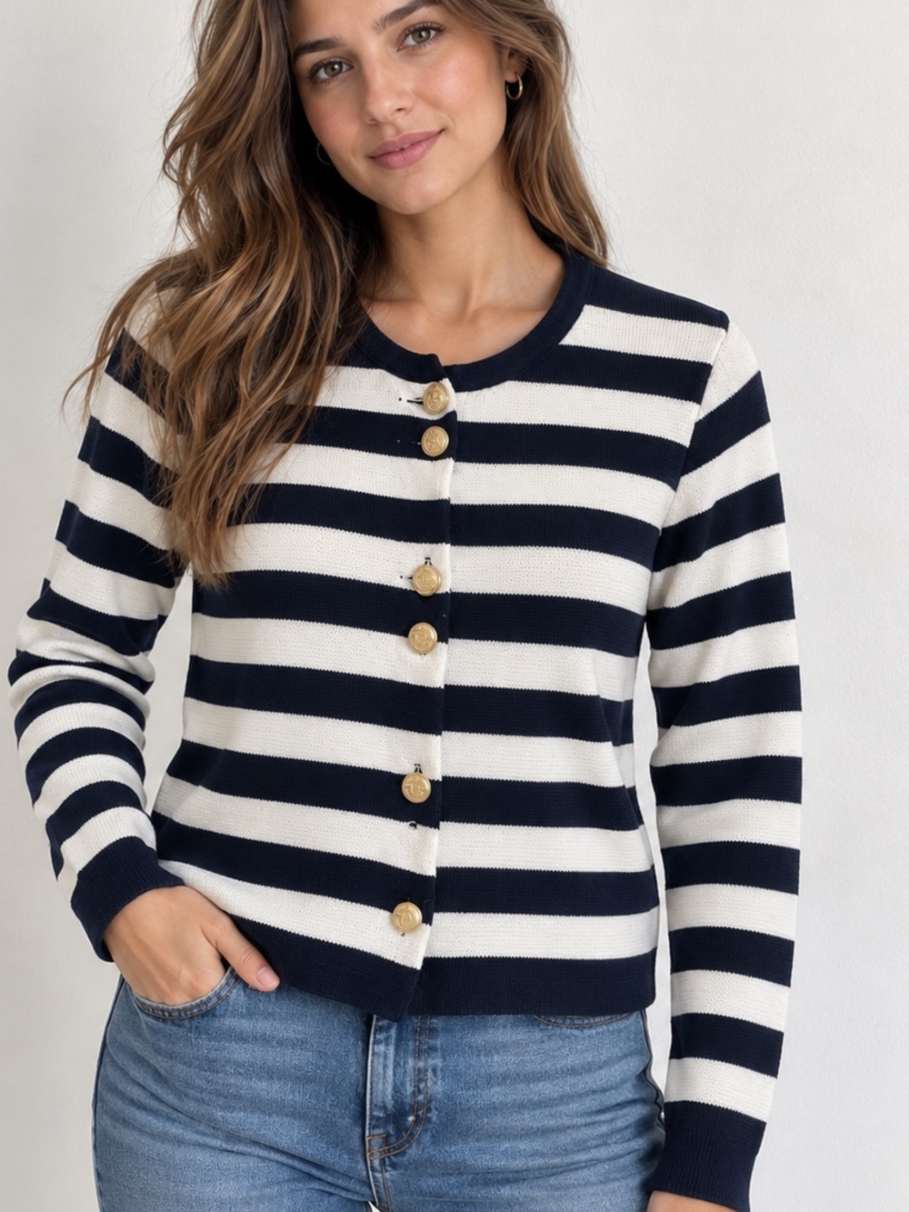 Zara Striped Gold Button Thick Knit Cardigan L Navy Ivory Cotton Blend Nautica